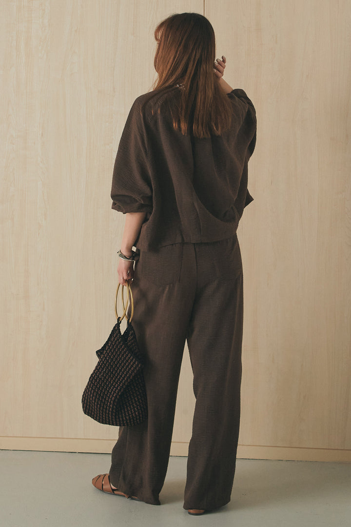 [SET]麻混ノーカラーブルゾン+麻混ウエストドロストパンツ(2set)