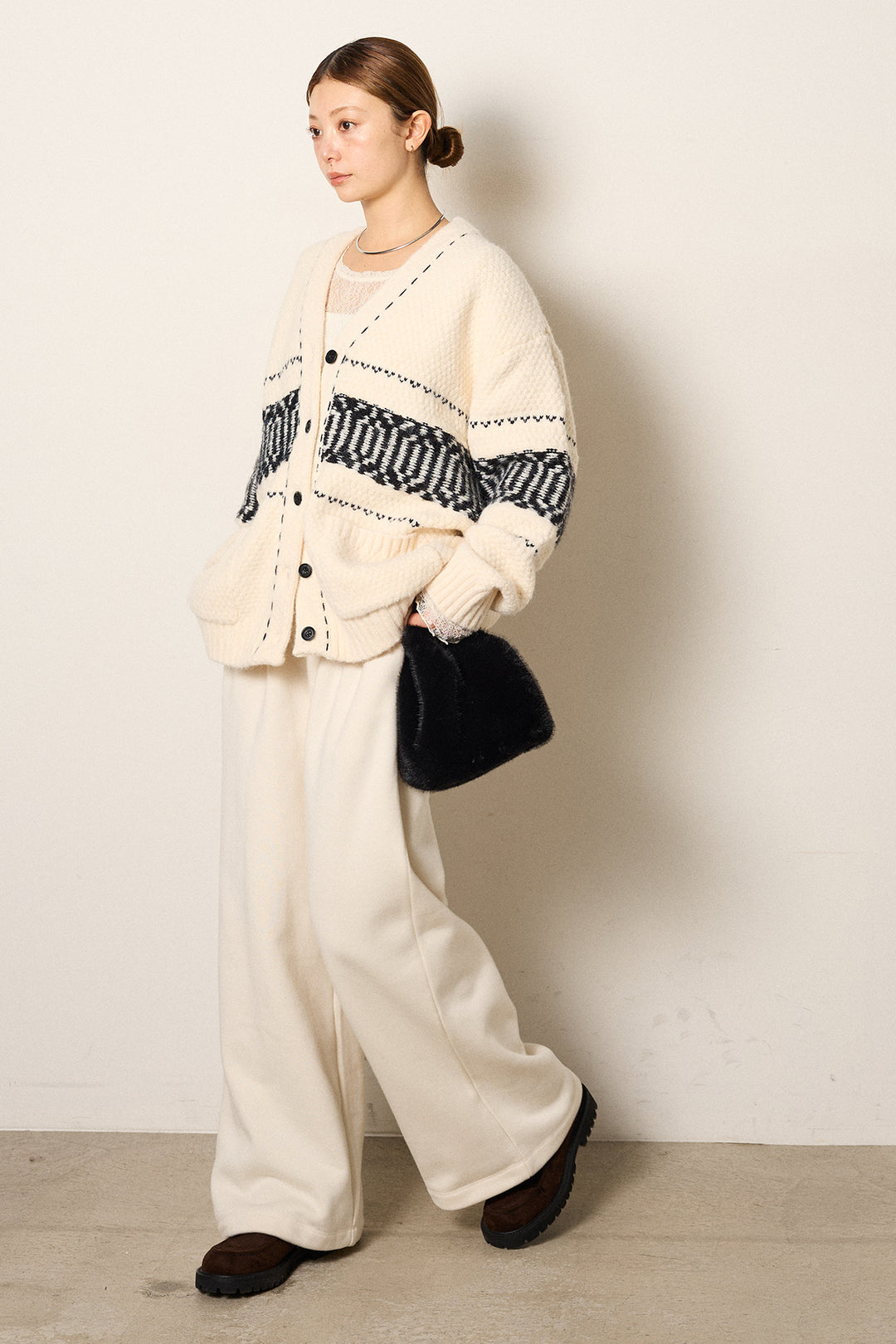 [SET]ライン柄ステッチニットカーディガン+2WAY袖コード刺繍クルーネックプルオーバー(2set)