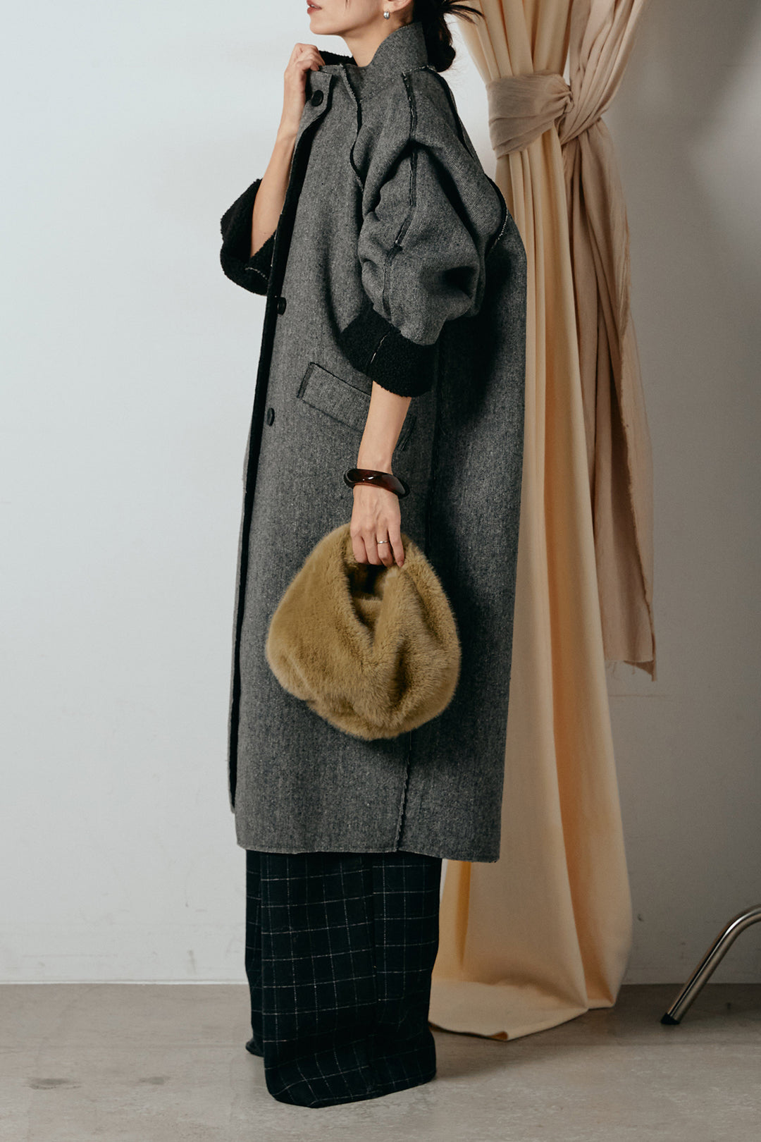 [SET]裏地ボアハイネックロングアウター+ウールライクチェックタックパンツ(2set)