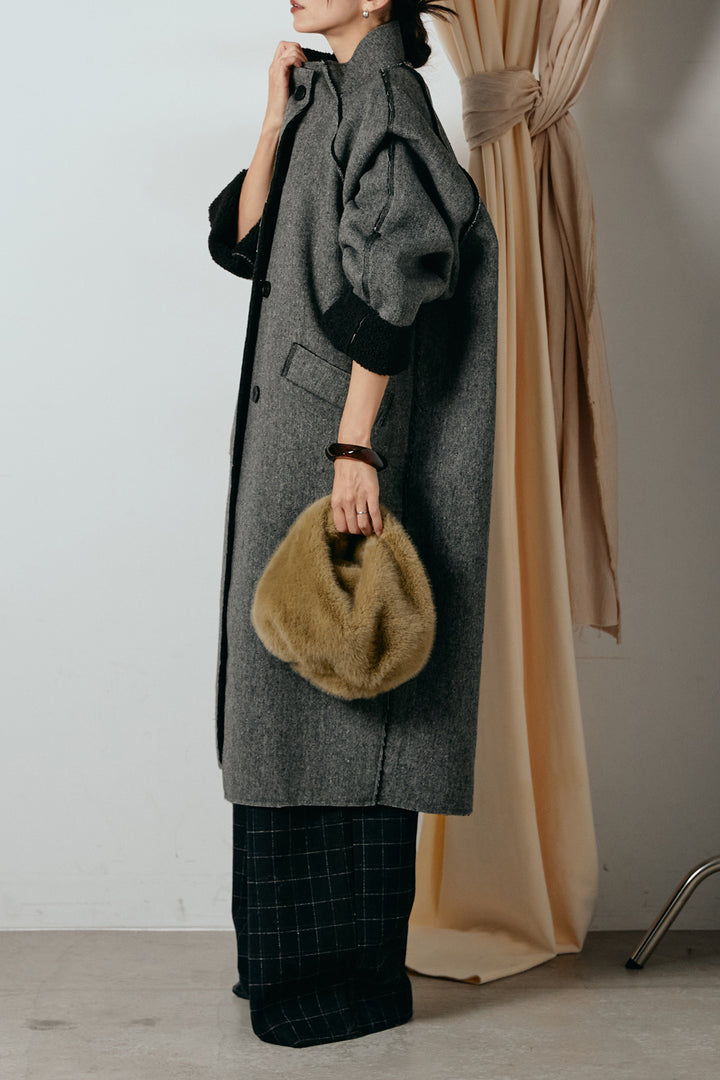 [SET]裏地ボアハイネックロングアウター+ウールライクチェックタックパンツ(2set)