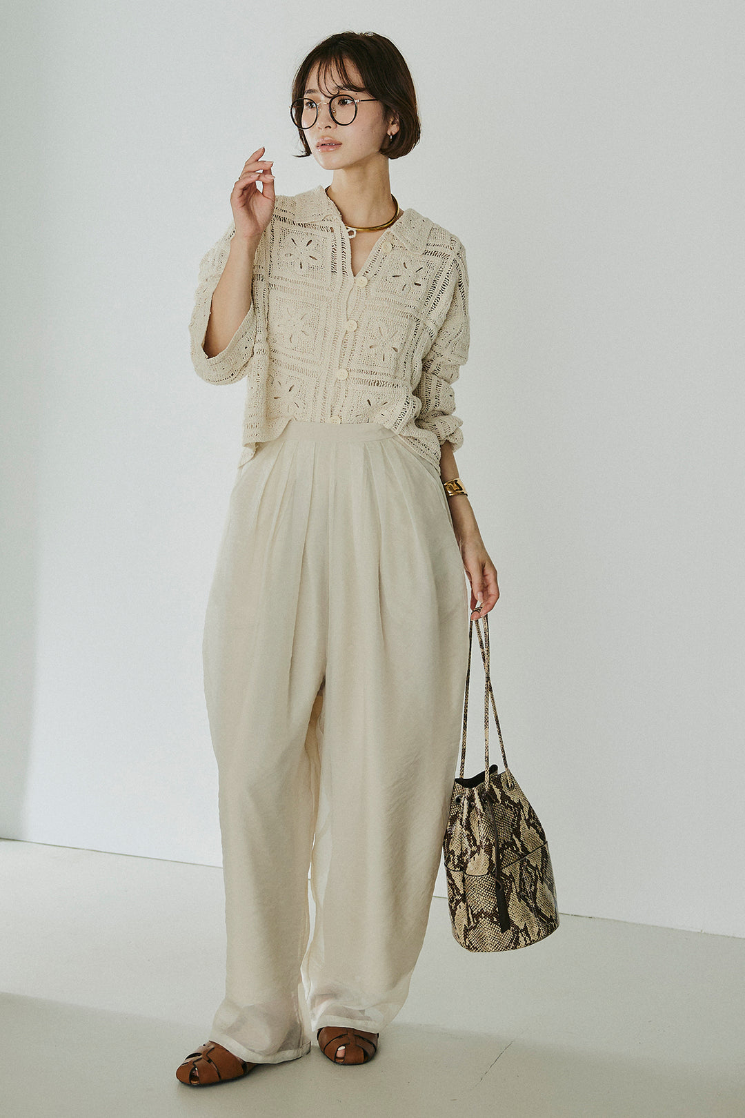 [SET]鍵編みフラワーレースカーディガン+オーガンジータックパンツ(2set)