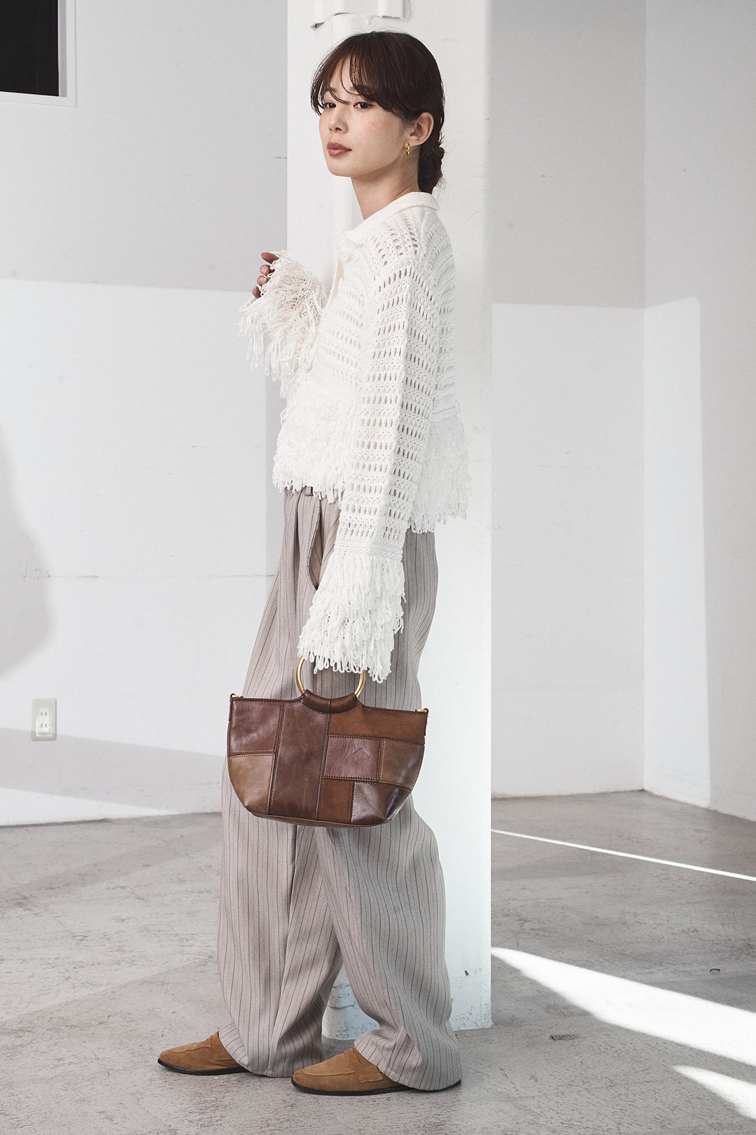 [SET]メッシュフリンジカーディガン+ヘリンボーンストライプツータックパンツ(2set)