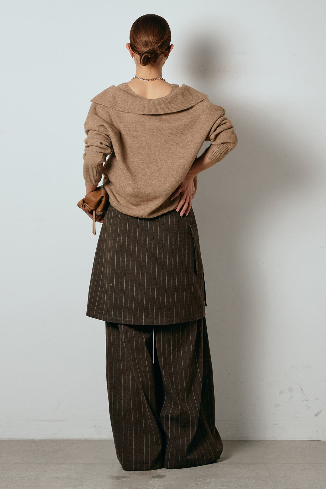 [SET]襟付きレイヤードニットトップス+細ストライプレイヤードデザインパンツ(2set)