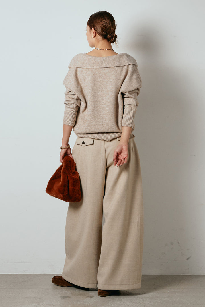 [SET]襟付きレイヤードニットトップス+ポーチベルト付きカーブパンツ(2set)