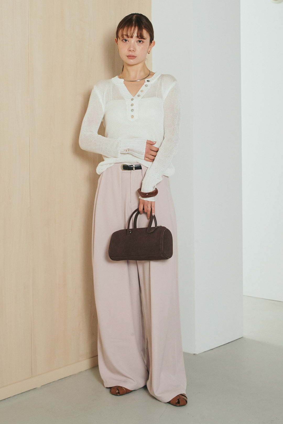 [SET]ヘンリーネックダメージニットプルオーバー+ビックベルトループタックベルト付きワイドパンツ(2set)