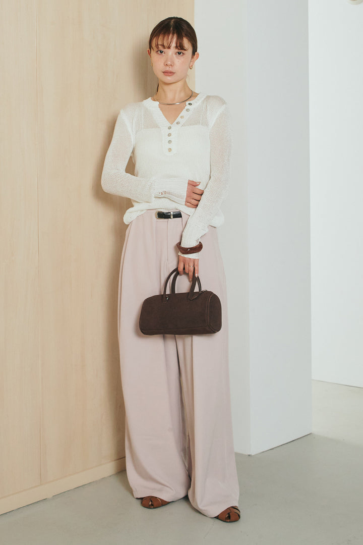 [SET]ヘンリーネックダメージニットプルオーバー+ビックベルトループタックベルト付きワイドパンツ(2set)