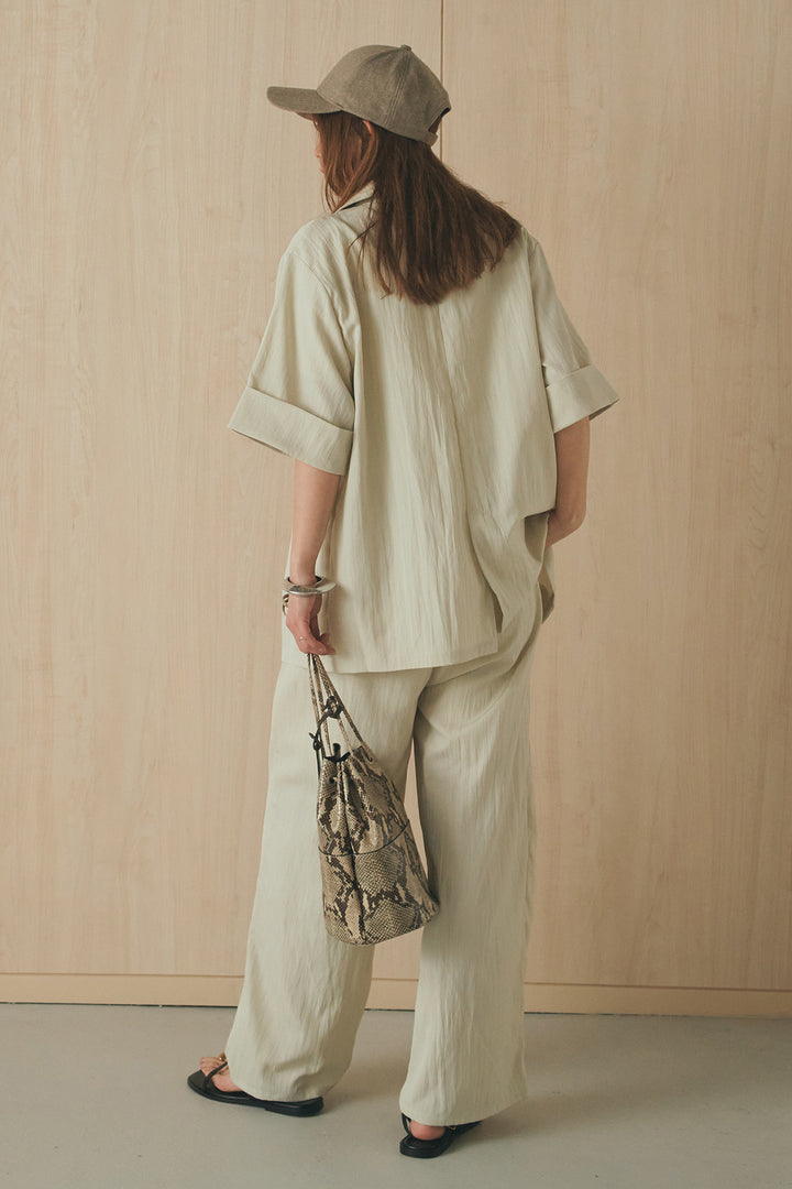 [SET]リネンライクテーラードハーフスリーブジャケット+リネンライク2タックワイドパンツ+半袖モノトーングラフィックトップス(3set)
