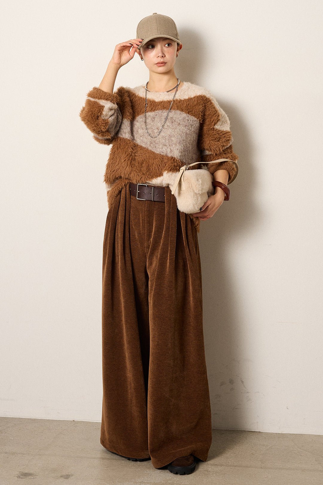 [SET]シャギーウェーブ柄クルーネックニットトップス+ベルトループコーデュロイワイドパンツ(2set)