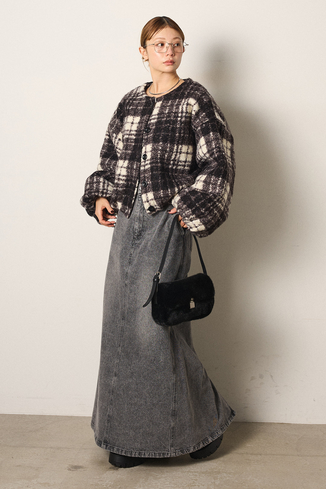 [SET]ノーカラーチェック柄ボアブルゾン+デニムロングフレアスカート(2set)