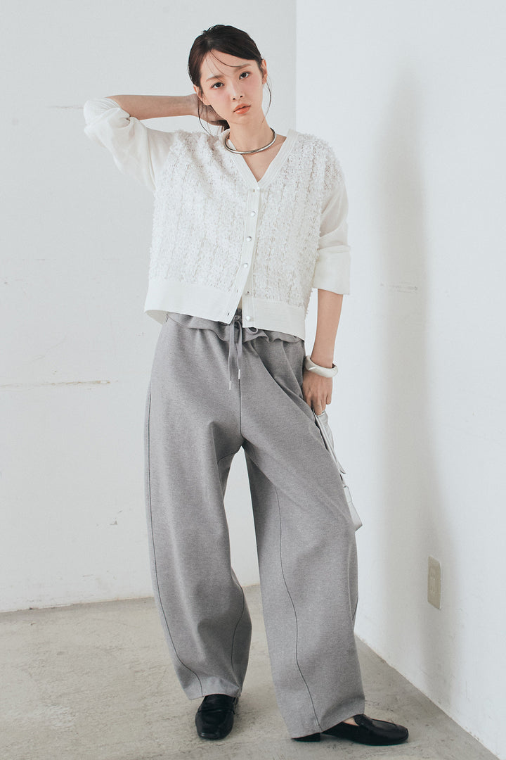 [SET]モコレースVネックカーディガン+カットダンボールウエストフリルカーブパンツ(2set)