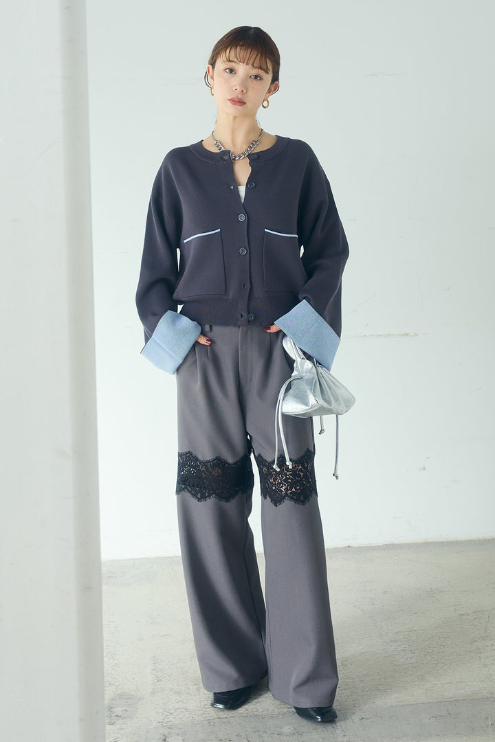 [SET]レーヨンポリダブルフェイスカーディガン+レース刺繍切替ワイドパンツ(2set)