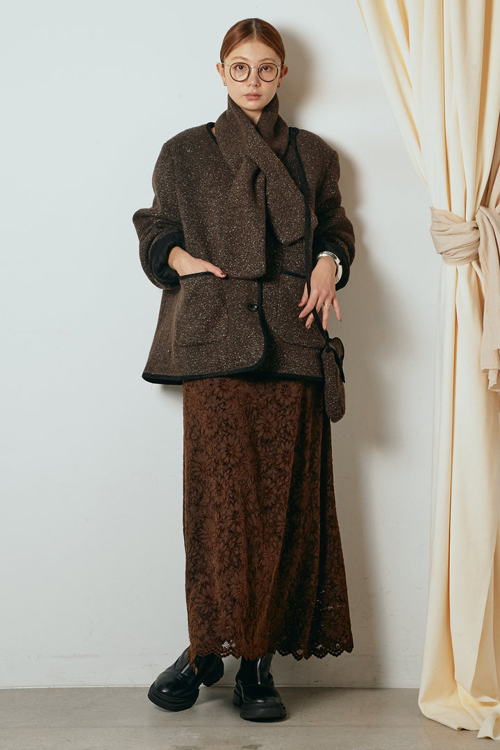 [SET]ノーカラーマフラーバッグ付きアウター+花柄刺繍ベロアフレアスカート(2set)