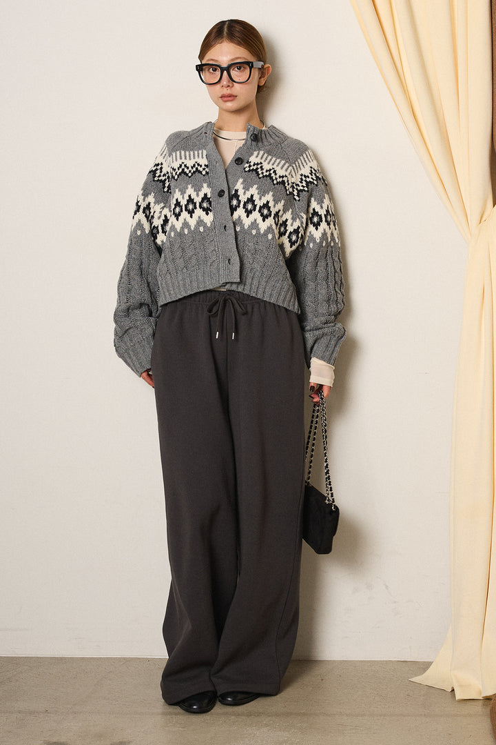 [SET]2WAY求心柄ジャガードショートカーディガン+裏起毛スウェットワイドパンツ+2WAY袖コード刺繍クルーネックプルオーバー(3set)
