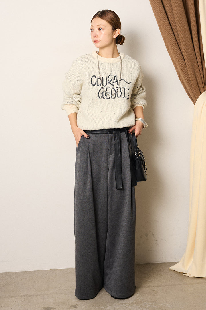 [SET]ロゴシャギーニットプルオーバー+巻ベルトウエストレザーライクワイドパンツ(2set)