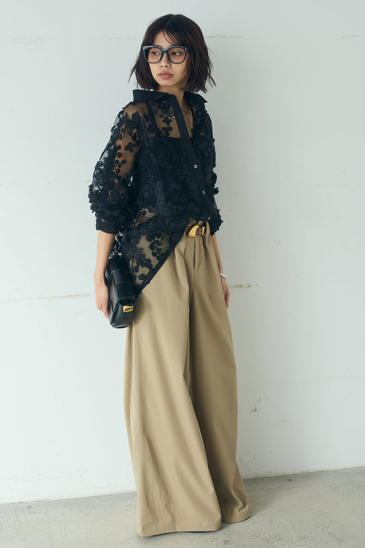 【着回しセット】[SET]リサイクルポリニュアンス釦カーデ+立体フラワー刺繍レースシャツ+ベルトループデザインハイウエストタックパンツ(3set)