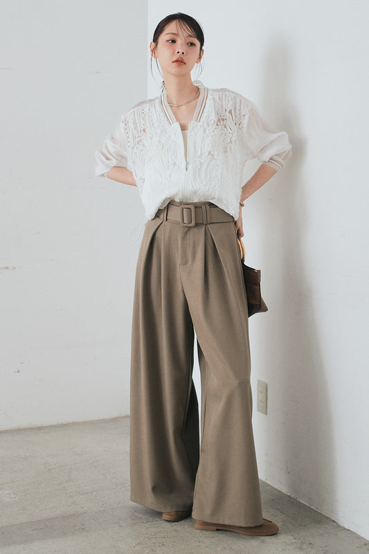 [SET]モチーフ付きシアーブルゾン+ベルト付きツータックワイドパンツ+ベルト付きツータックワイドパンツ(3set)