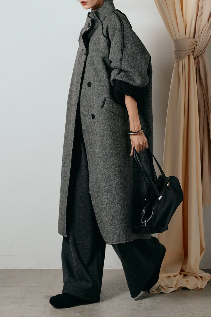 [SET]裏地ボアハイネックロングアウター+フェイクレザー太ベルト付きタックワイドパンツ(2set)
