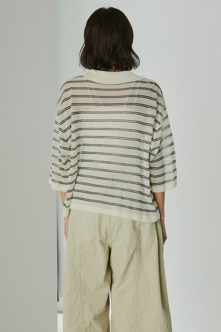 [SET]ボーダーニットポロシャツ+ニーサイドタックウエストドロスパンツ(2set)