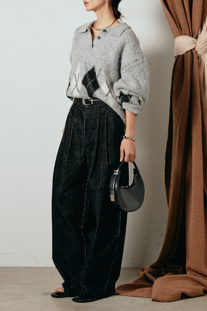 [SET]アーガイル柄ポロニットトップス+フロントタック入りコーデュロイパンツ(2set)