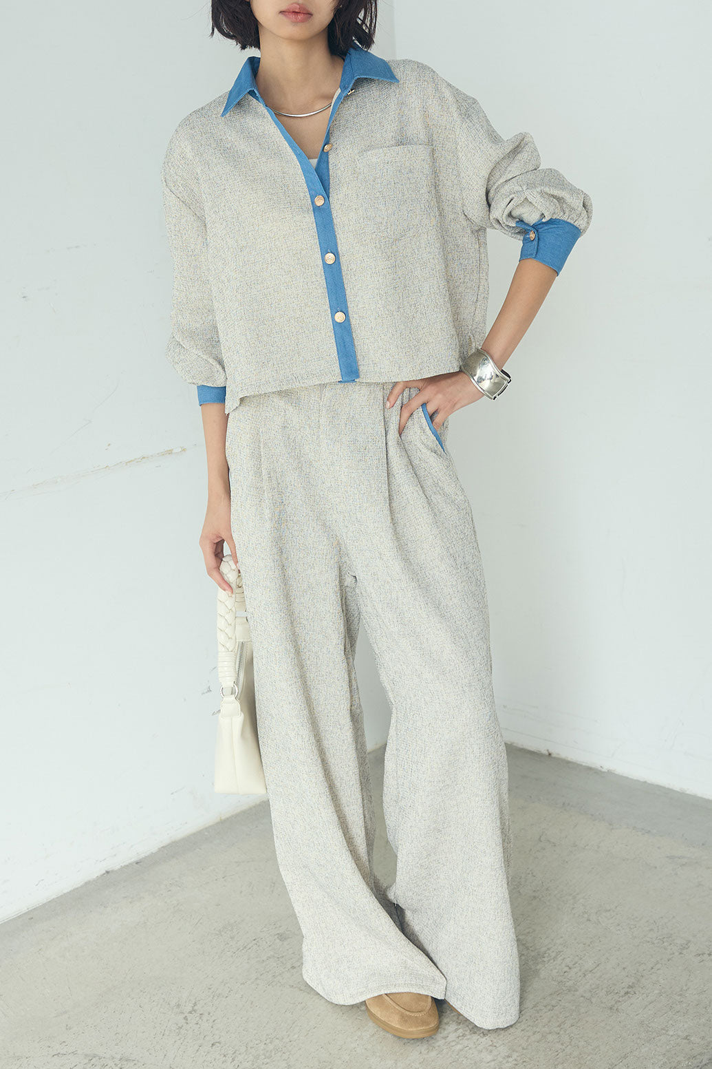 [SET]ツイード×デニムショート丈シャツ+ツイード×デニムハイウエストラインロングパンツ(2set)