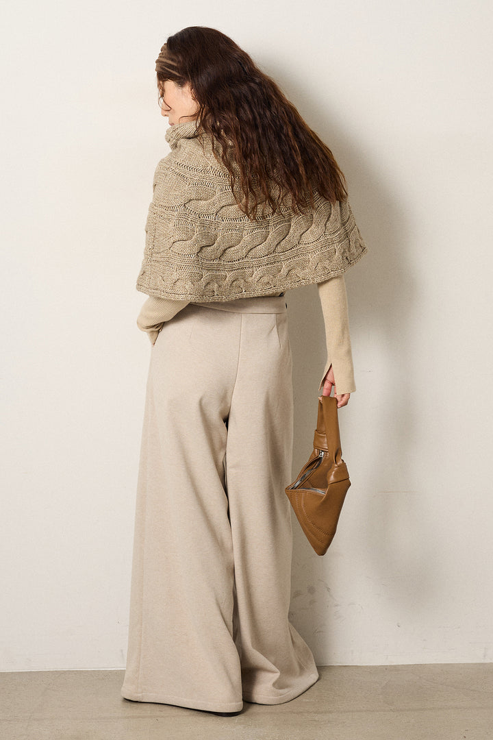 [SET]ケーブル編みケープレイヤードニット+サイドベルトパンツ(2set)