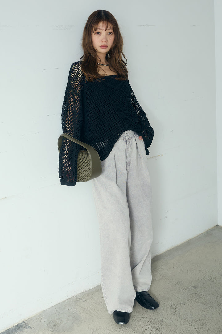 [SET]メッシュ編みビスチェセットVネックプルオーバー+カラーデニムタックカーブパンツ(2set)