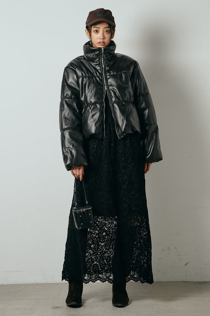 [SET]レザーライクWジップスタンドカラー中綿ブルゾン+総レース刺繍スカート(2set)