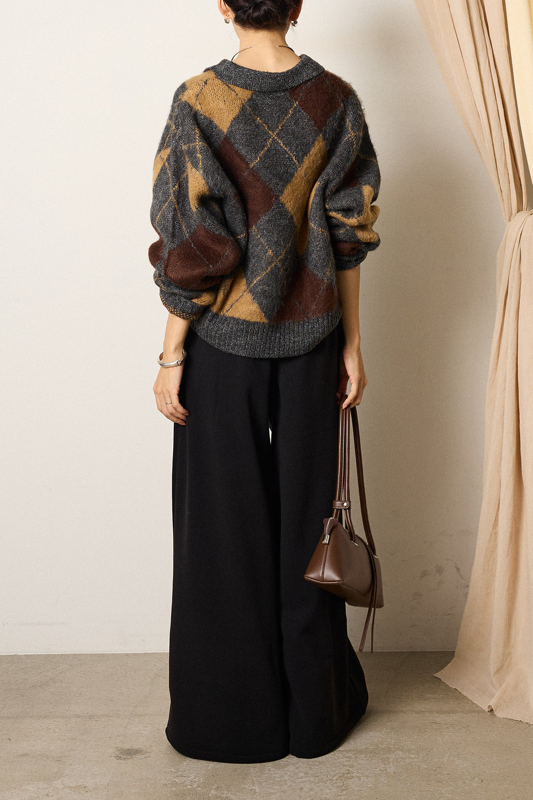 [SET]アクリルモヘアアーガイルキーネックプルオーバー+サイドベルトパンツ(2set)