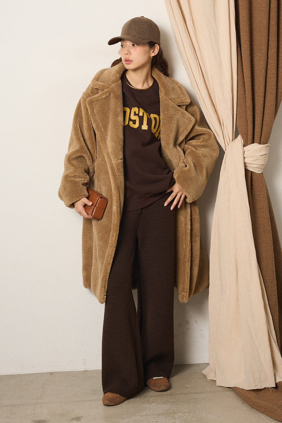 [SET]テディボアロングコート+ロゴデザインルーズスウェット+ワイドリブニットイージーパンツ(3set)