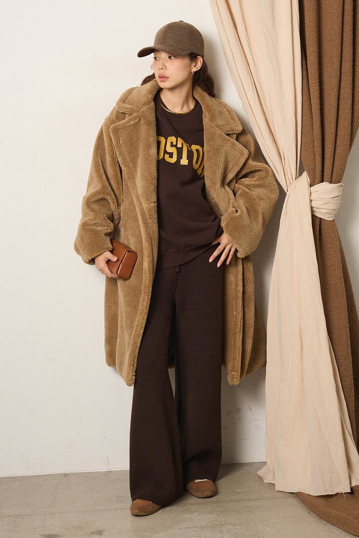 [SET]テディボアロングコート+ロゴデザインルーズスウェット+ワイドリブニットイージーパンツ(3set)