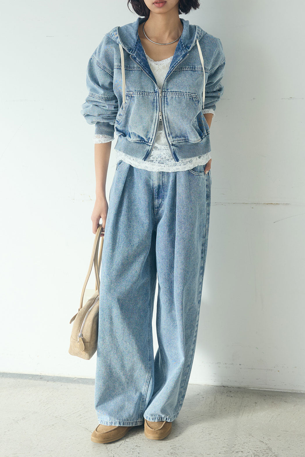 【着回しセット】[SET]デニムダブルジップパーカーブルゾン+デニムタックカーブパンツ+デニムダブルジップパーカーブルゾン(3set)