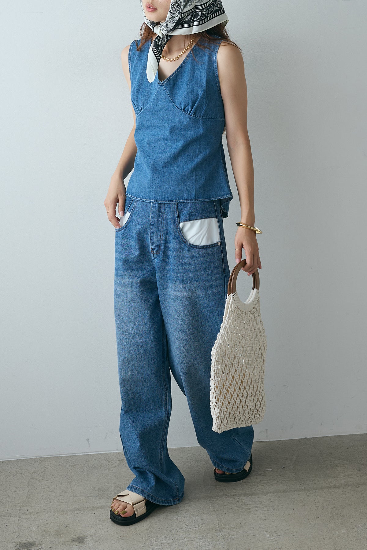 SET]Vネックバックリボンデニムトップス+デニムルーズポケット