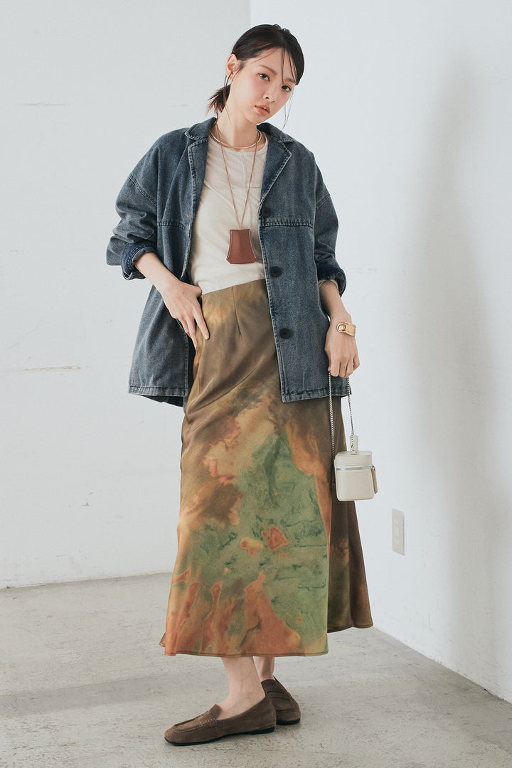 [SET]オーバーデニムジャケット+ニュアンス柄サテンスカート(2set)