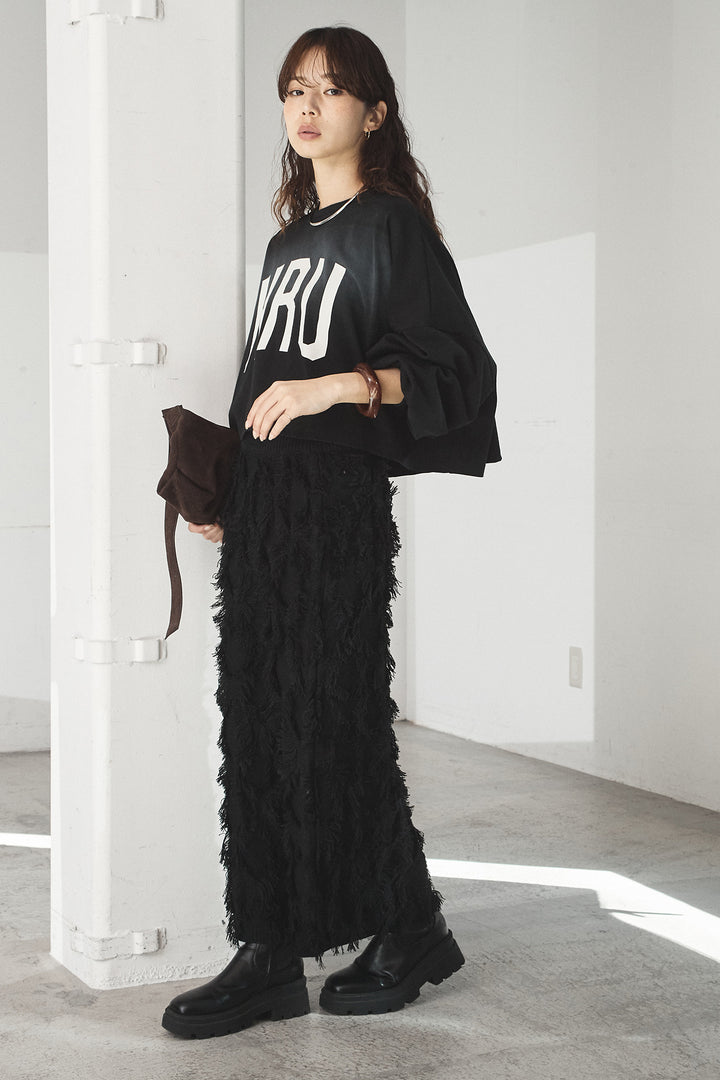 [SET]ビッグロゴHRU袖ボリュームトップス+カットフリンジニットタイトスカート(2set)