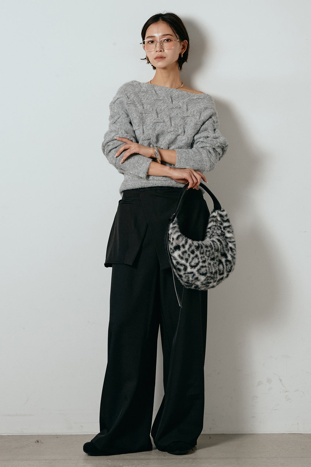 [SET]ボートネックニットトップス+ベルト付きウエストデザインパンツ(2set)