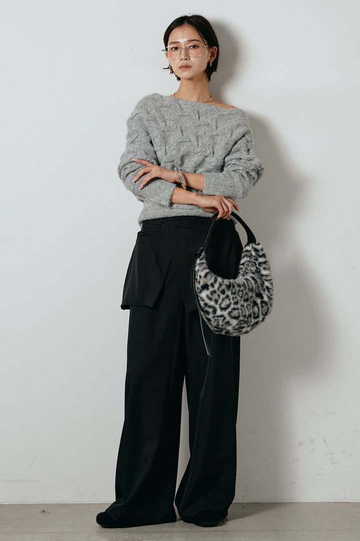 [SET]ボートネックニットトップス+ベルト付きウエストデザインパンツ(2set)