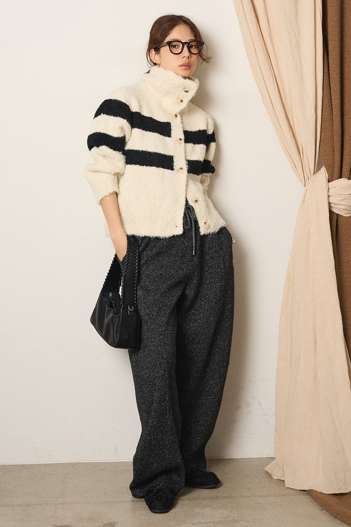 [SET]ハイネックボーダーニットカーディガン+杢ニットフレアパンツ(2set)