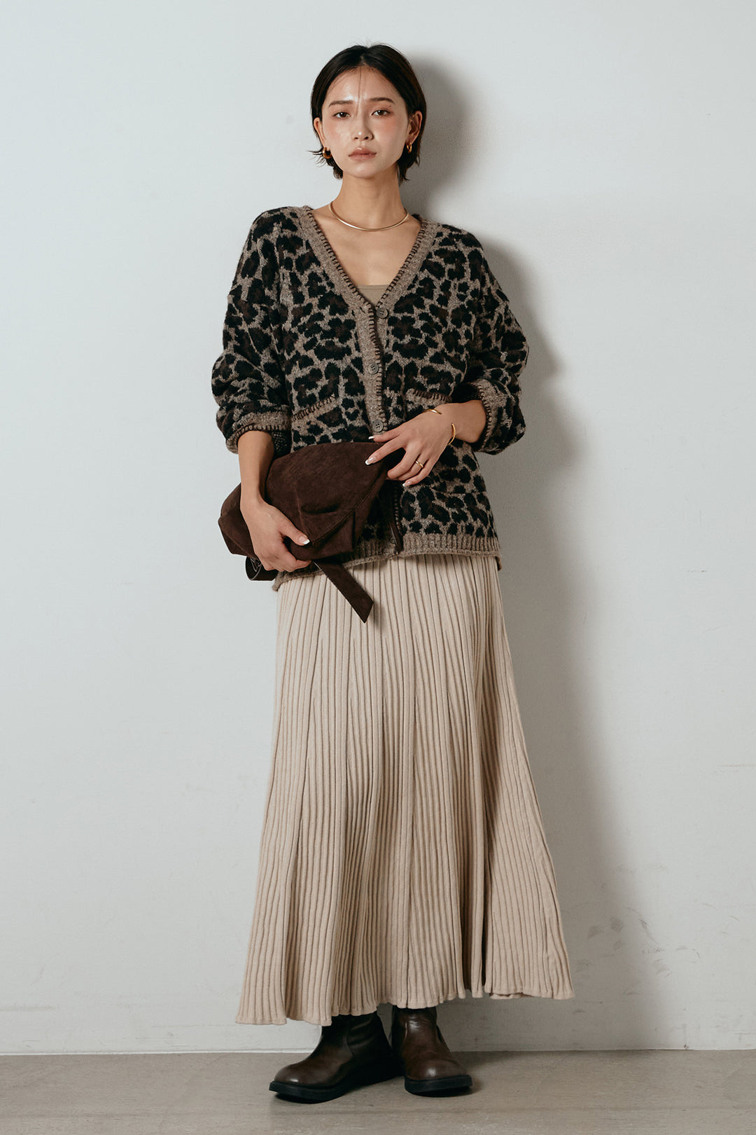 [SET]ステッチデザインレオパードニットカーディガン+リブニットフレアスカート(2set)