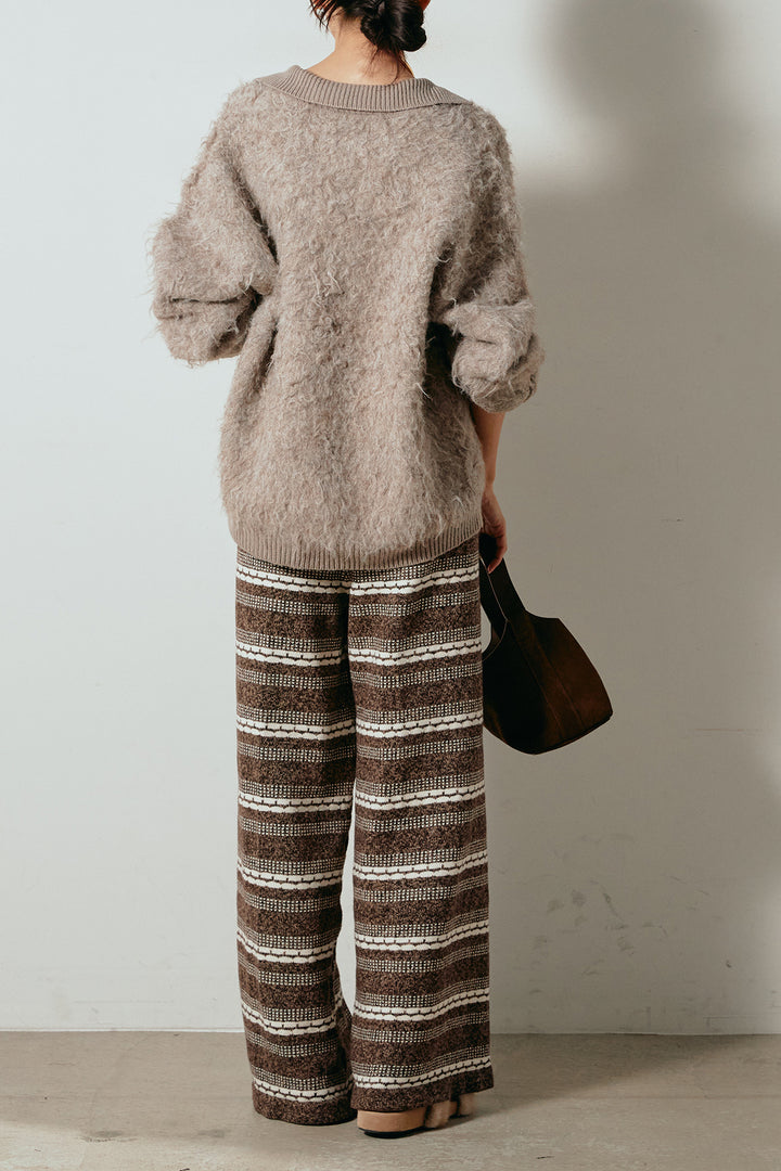 [SET]襟付きシャギーニットポロトップス+マルチライン柄リラックスニットパンツ(2set)