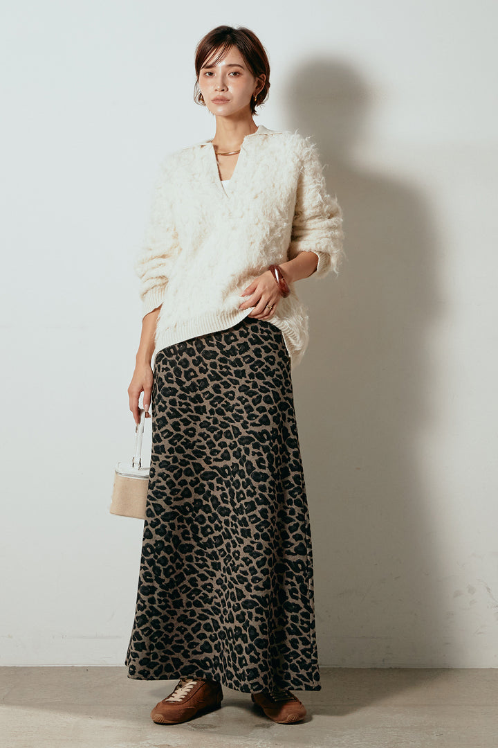 [SET]襟付きシャギーニットポロトップス+レオパードロングスカート(2set)