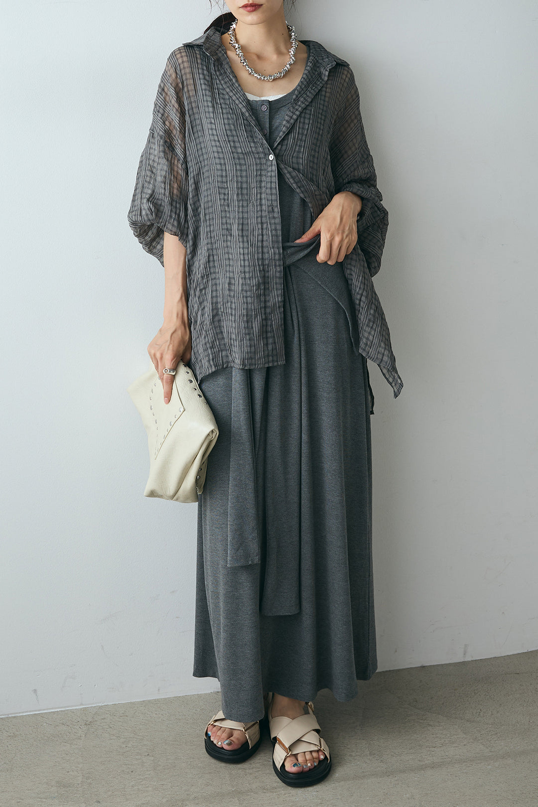 [SET]シアーマルチチェック柄シャツ+ウエスト巻きリブロングワンピース(2set)