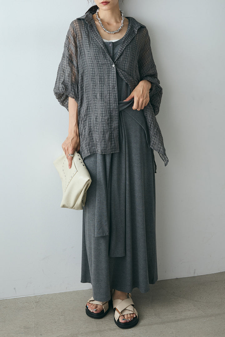 [SET]シアーマルチチェック柄シャツ+ウエスト巻きリブロングワンピース(2set)