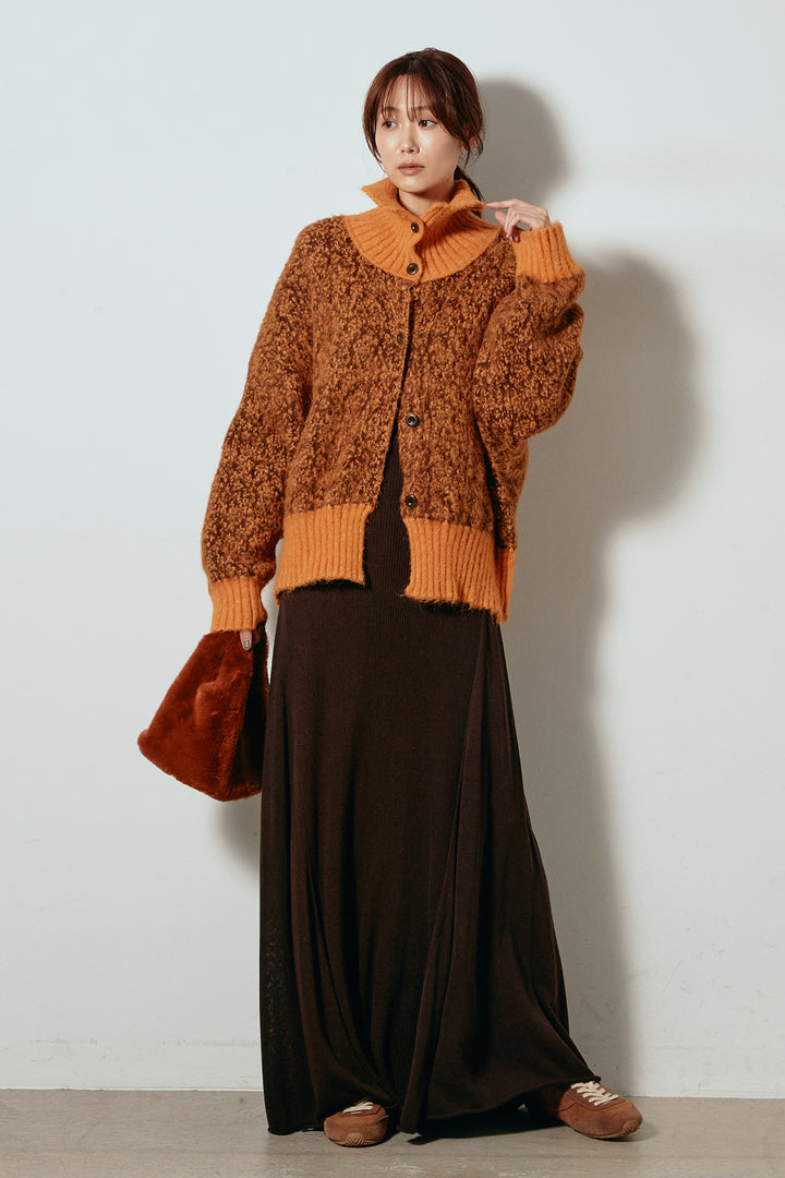 [SET]ハイネックミックスニットトップス+サイド切り替えリブニットロングスカート(2set)