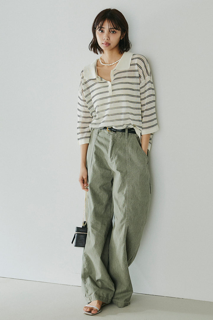 [SET]ボーダーニットポロシャツ+サイドベルトカーブワイドパンツ(2set)