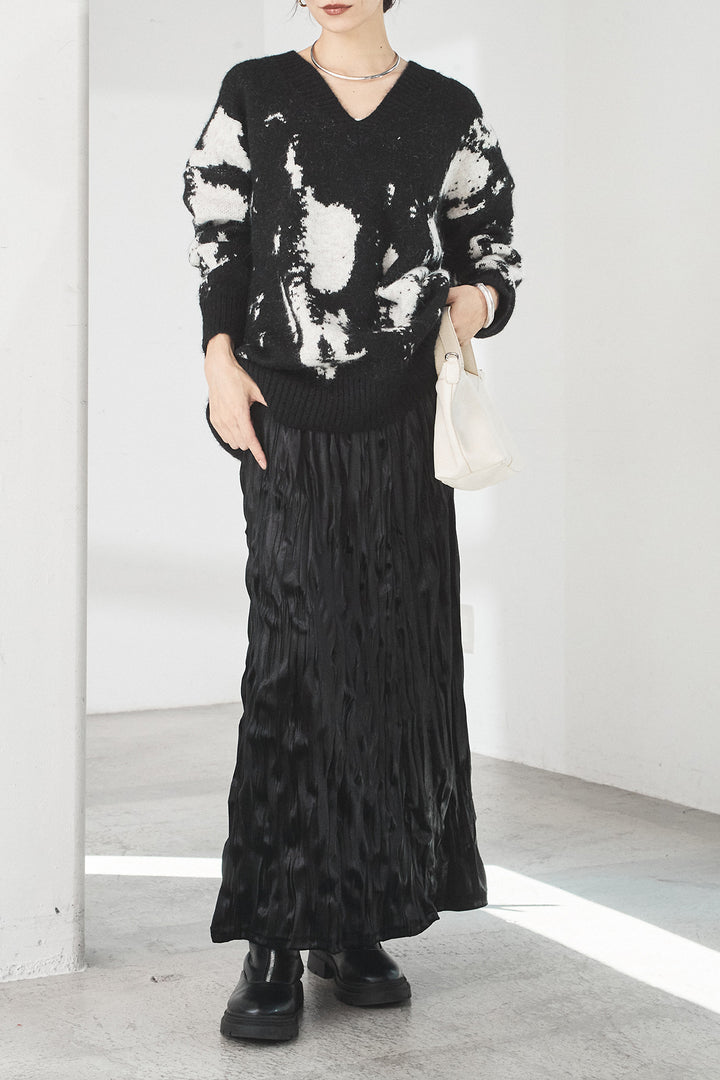 [SET]アブストラクト柄ニットプルオーバー+ベロアロングプリーツスカート(2set)