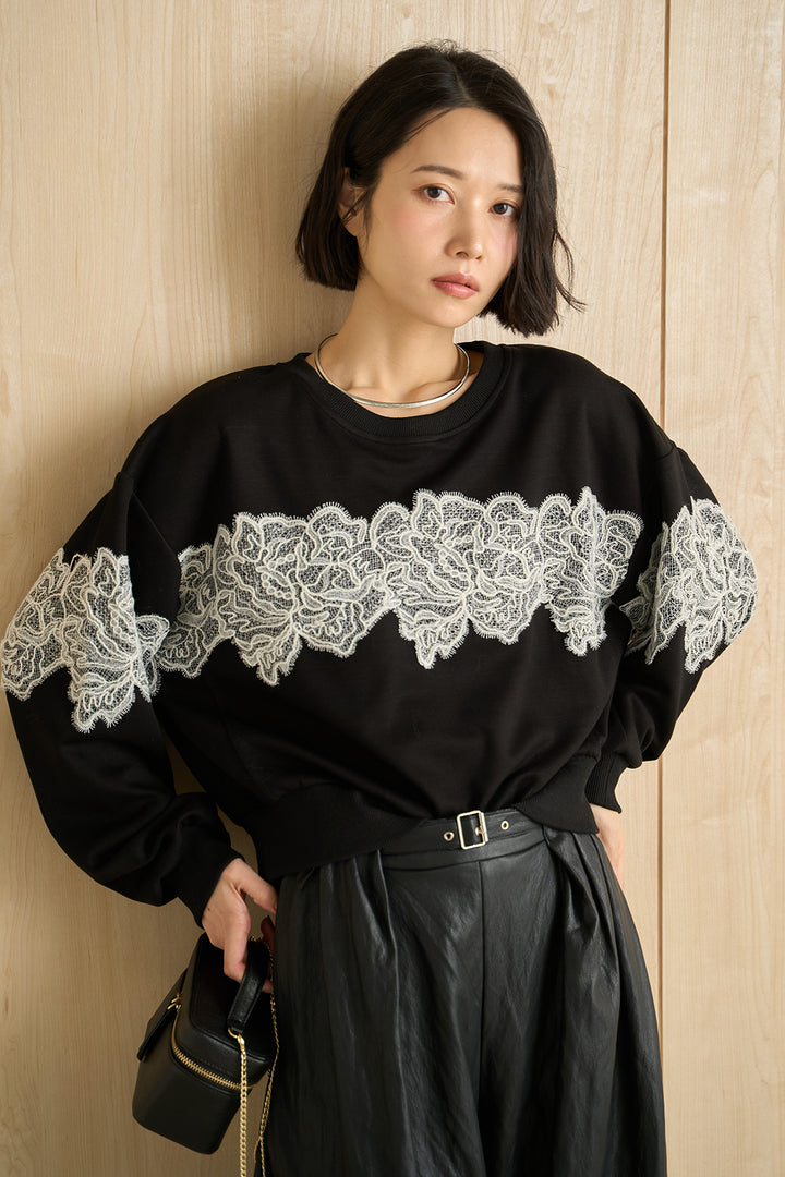 [SET]レースドッキングショート丈スウェット+ベルトループレザーライクワイドパンツ(2set)
