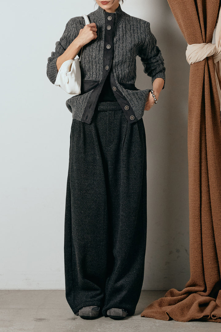 [SET]ボトルネックケーブルニットカーディガン+起毛タック入りツイードワイドパンツ(2set)