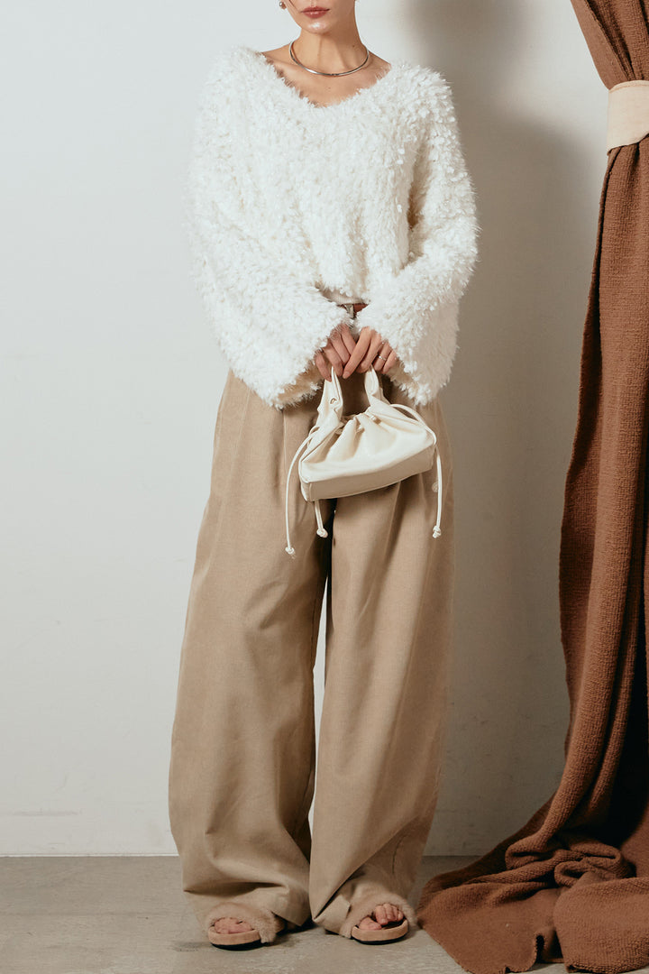 [SET]深Vネックチョウチョヤーンニットトップス+フロントタック入りコーデュロイパンツ(2set)