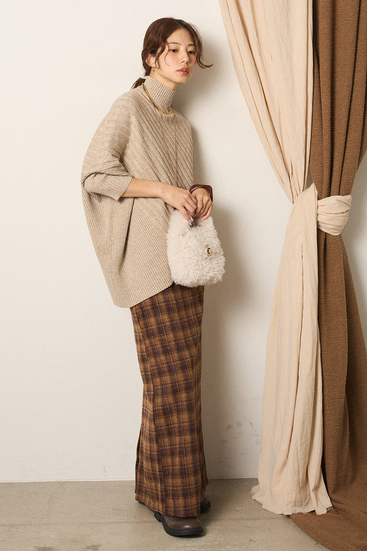 [SET]アシメデザインリブポンチョニットトップス+シャギーチェックストレートスカート(2set)