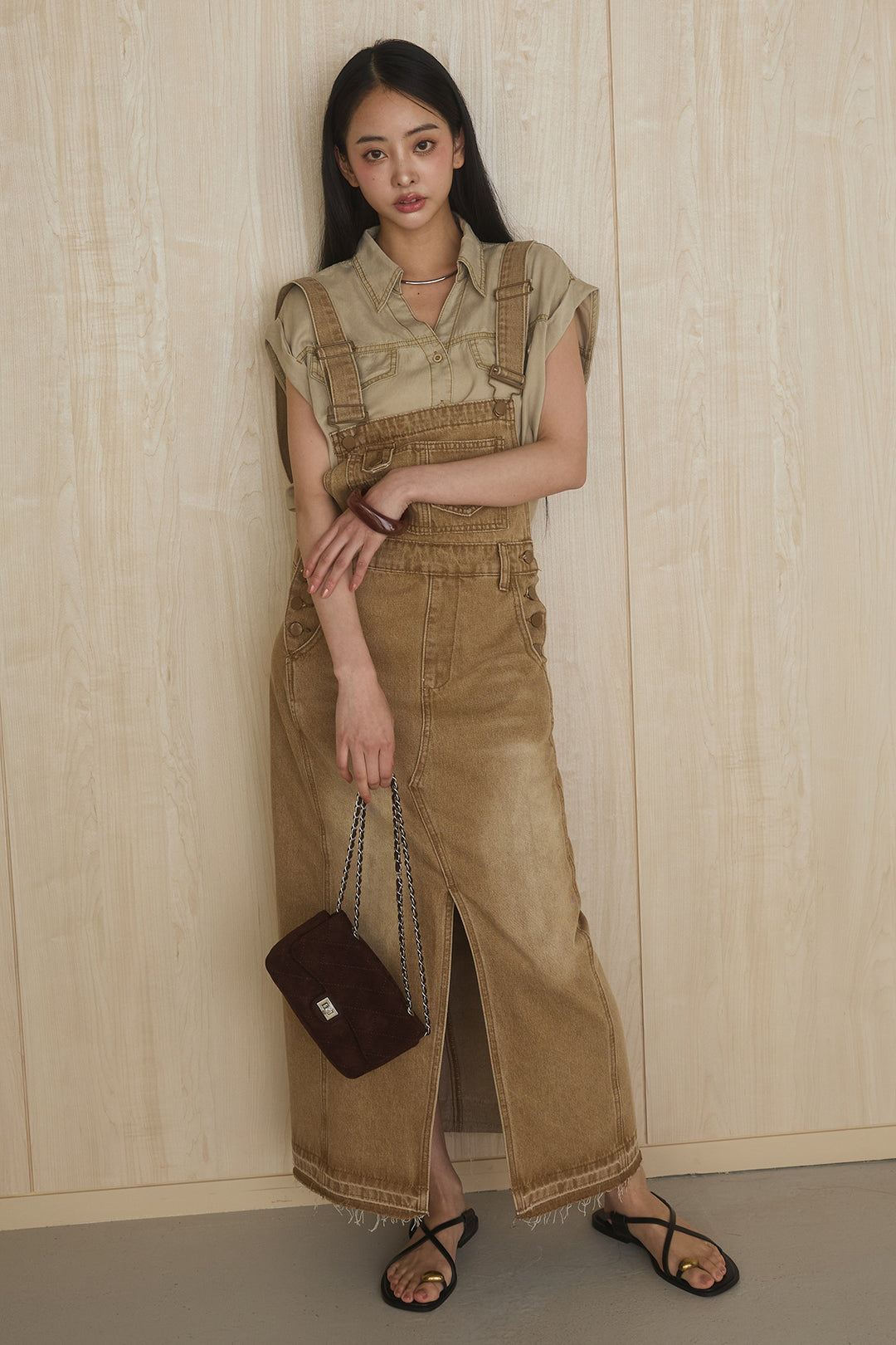 [SET]リヨセルデニムノースリシャツ+センタースリットデニムジャンスカ(2set)